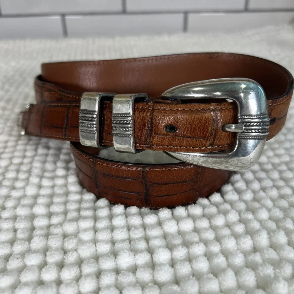 Jos A Bank Fine Italian Leather Belt 44 Croc Embossed Dress Golf Silver Tone